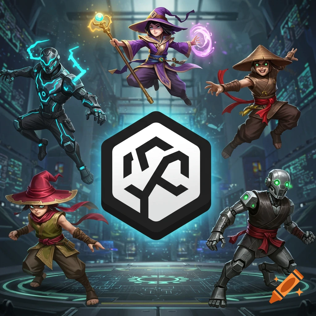 A witch, ninja, glowing cyborg, and robots are stylized video game characters surrounding a hexagonal logo on a tech background.