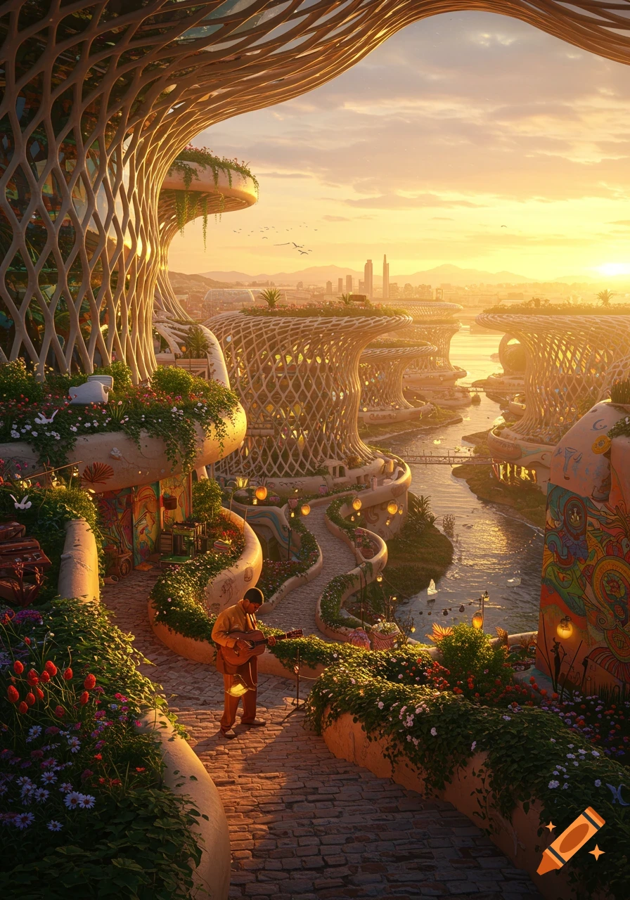 A futuristic bohemian city with organic architecture and lush greenery, a musician playing guitar on a winding path at sunset.