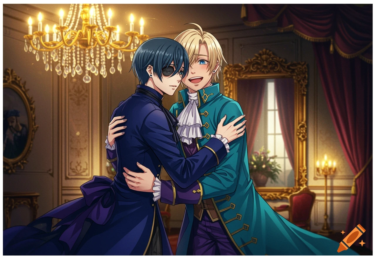 Anime art of Ciel Phantomhive and Alois Trancy hugging in an opulent room with a chandelier.