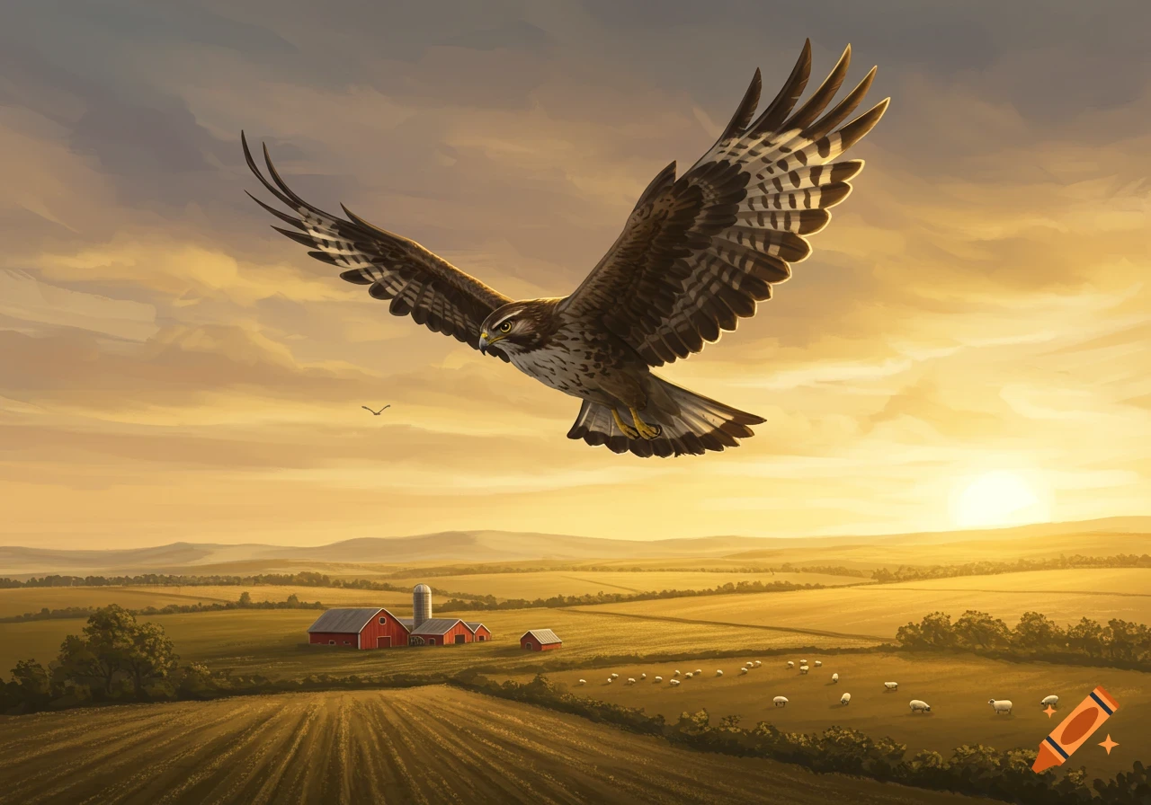 A hawk with outstretched wings soars over a sunlit rural farm landscape with red barns and fields at sunset.