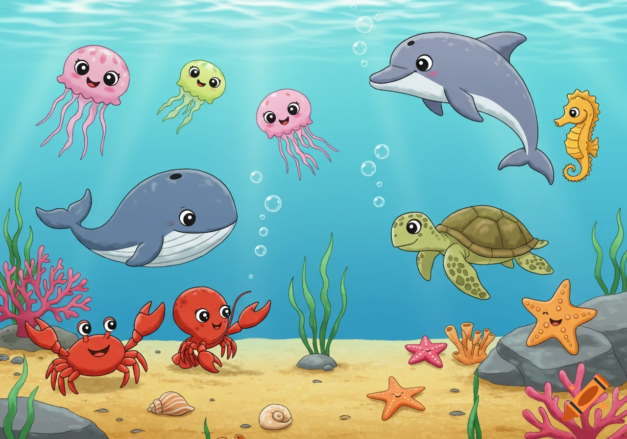 Cute cartoon sea creatures including a whale, dolphin, jellyfish, turtle, crab, lobster, seahorse, and starfish in an underwater scene.