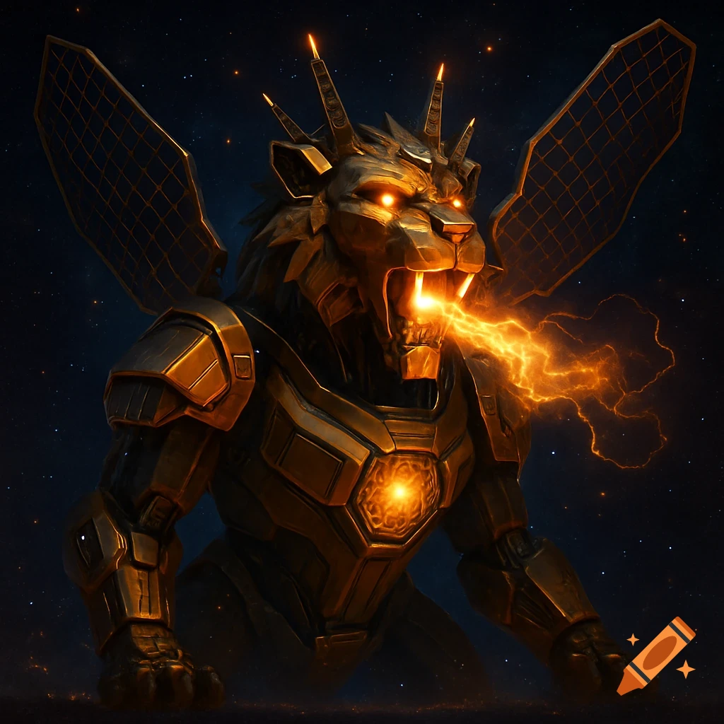 An armored, robotic lion-like creature with glowing eyes and a glowing chest, breathing orange electrical energy, stands against a starry cosmic background.