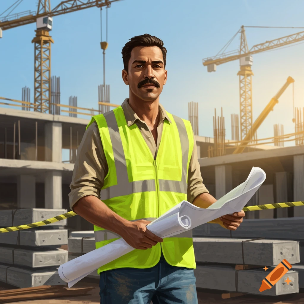 A man in a neon safety vest and jeans holds blueprints at a construction site with cranes and buildings in the background.