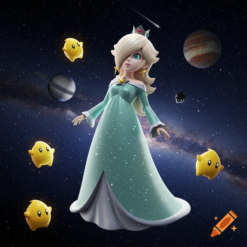 3D render of Rosalina from Mario in a starry space setting, surrounded by planets and Lumas.