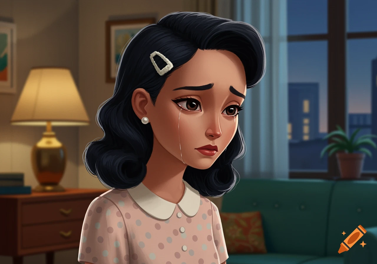 A 2D cartoon illustration of a sad woman crying with tears streaming down her face, set indoors.