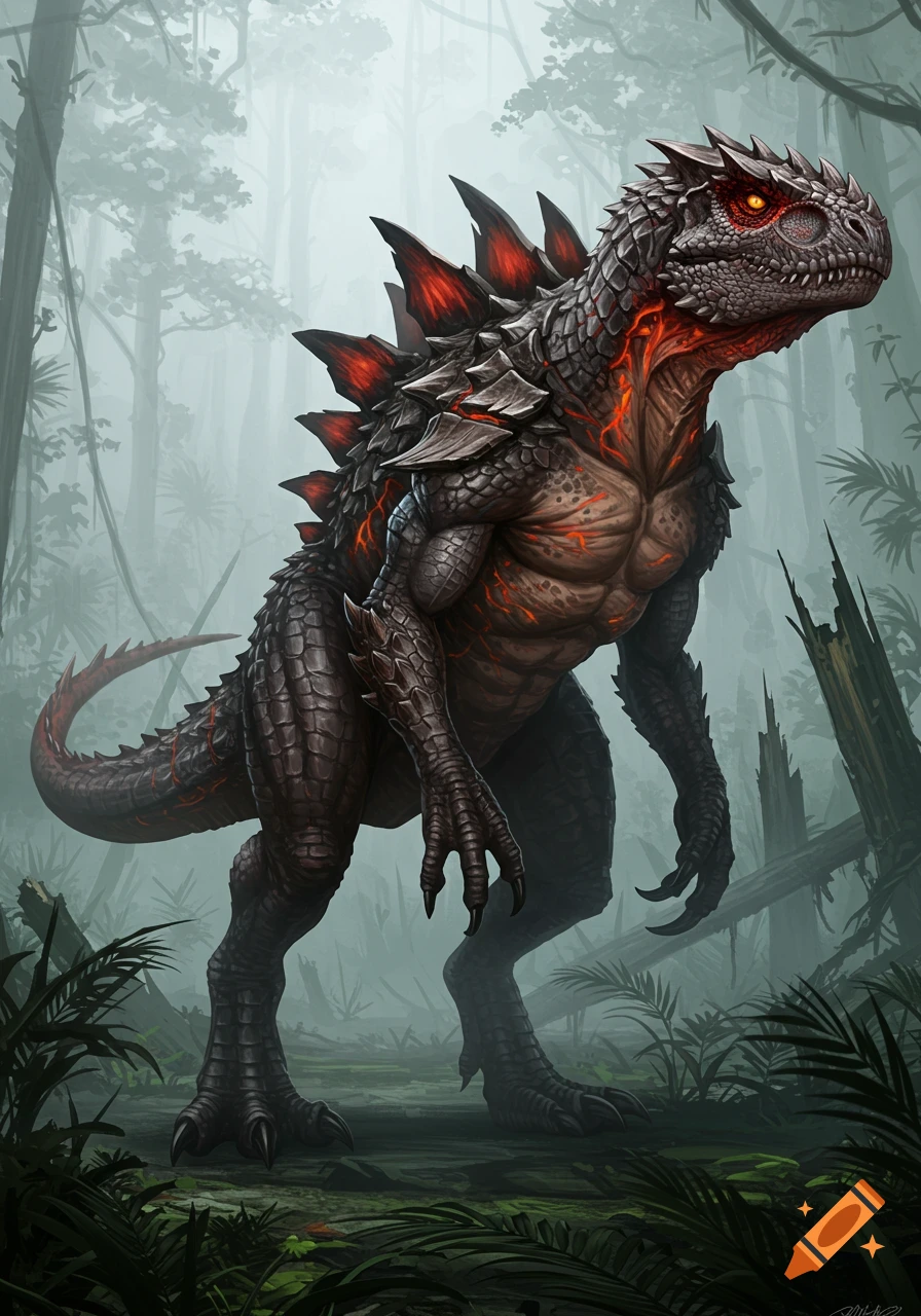 A powerful, towering hybrid dinosaur with dark gray and red scales, glowing orange eyes, massive claws, and armored plates in a foggy jungle.