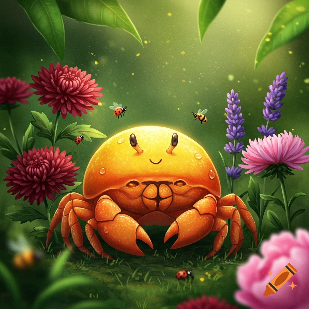 A cute, smiling, orange-yellow crab with big eyes sits in a vibrant green garden among red and purple flowers, with bees and ladybugs.