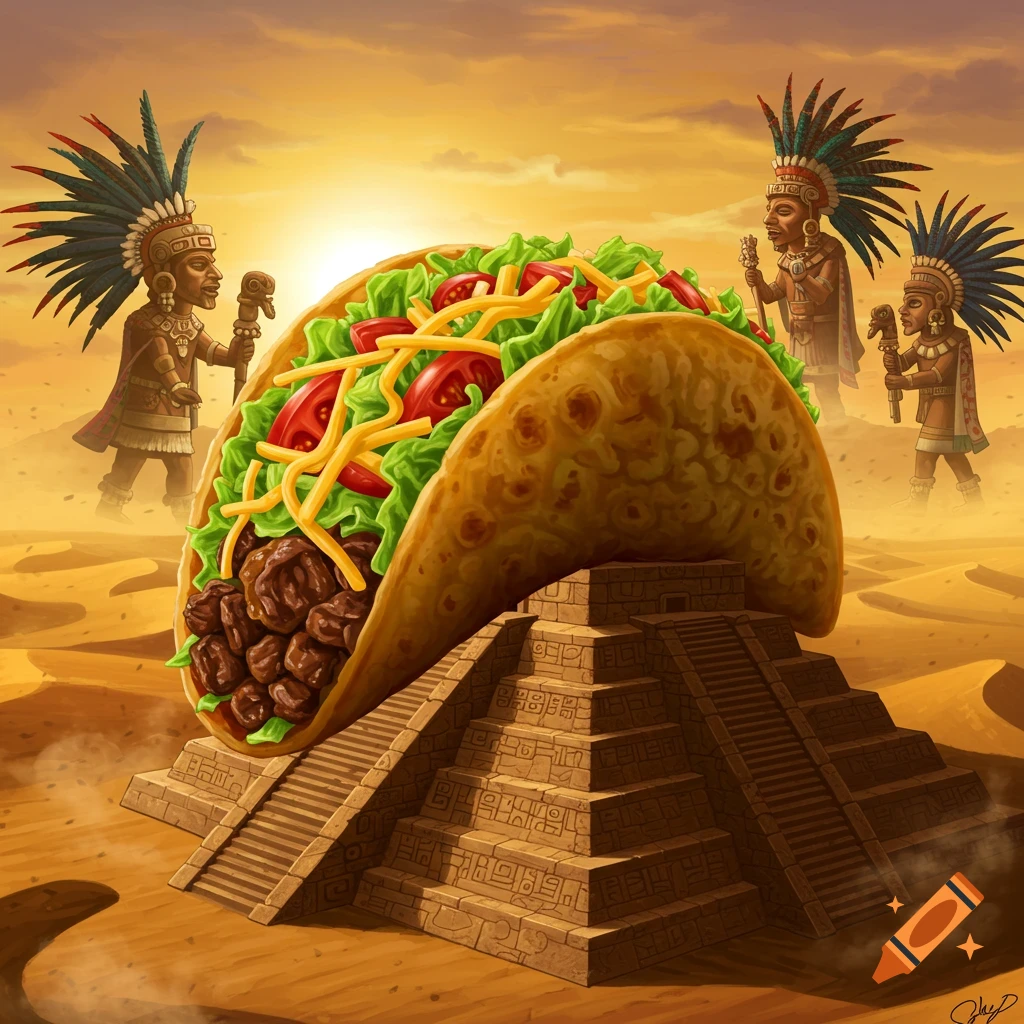 A giant taco with beef, lettuce, tomato, and cheese sits atop an ancient Aztec pyramid in a desert landscape, with Aztec-like figures in the background at sunset. Illustrated style.