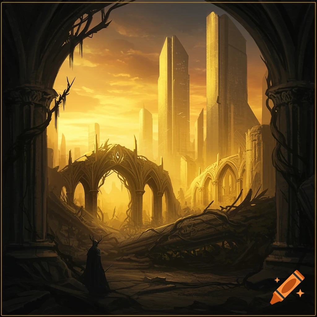 A dark fantasy landscape featuring ancient ruins under a golden sky, with towering spires in the background and a cloaked figure.