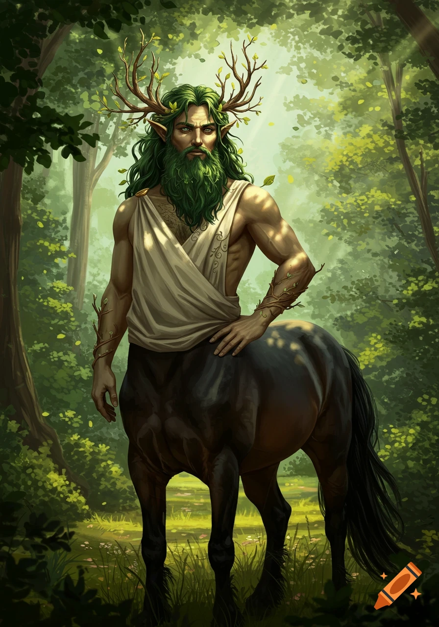 A green-haired centaur with antlers and a beard stands in a sun-dappled forest.