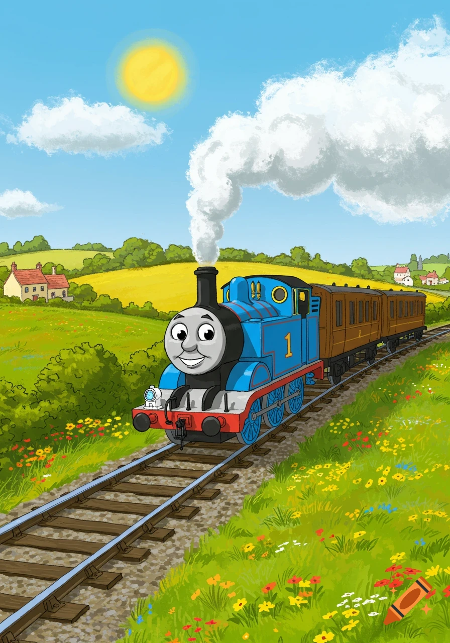 Cartoon illustration of Thomas the Tank Engine on train tracks in a sunny, green countryside with houses and wildflowers.