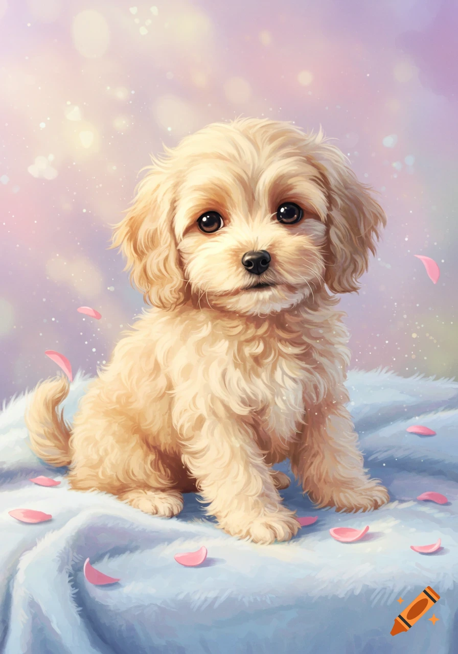 An aesthetic drawing of a fluffy, light brown cockapoo puppy sitting on a soft blue blanket with pink petals and sparkling lights.