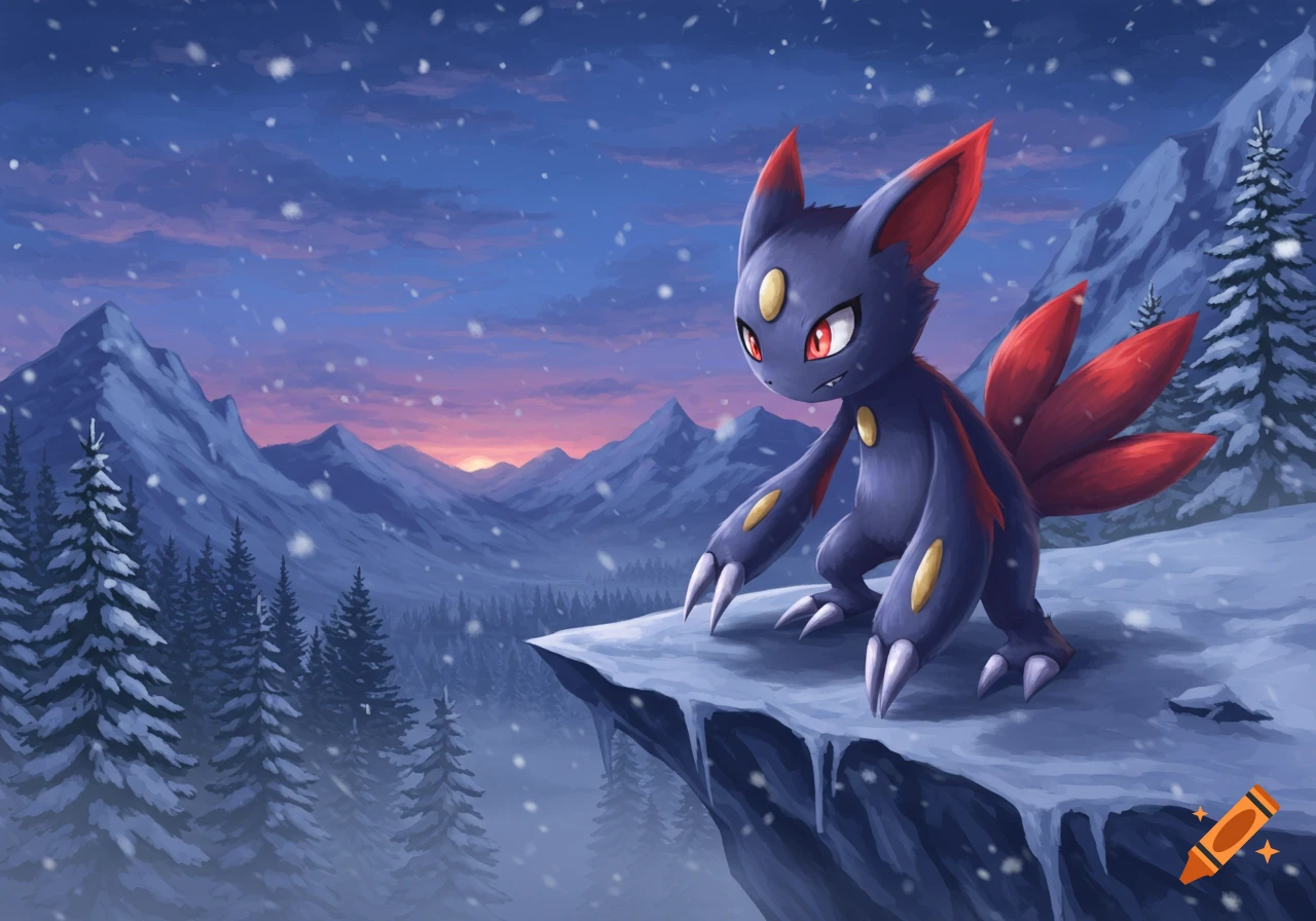 An illustrative image of a dark blue Sneasel with red features and yellow markings, standing on a snowy cliff edge. Snow-capped mountains and pine trees are in the background under a purple and orange sunset sky, with snow falling.