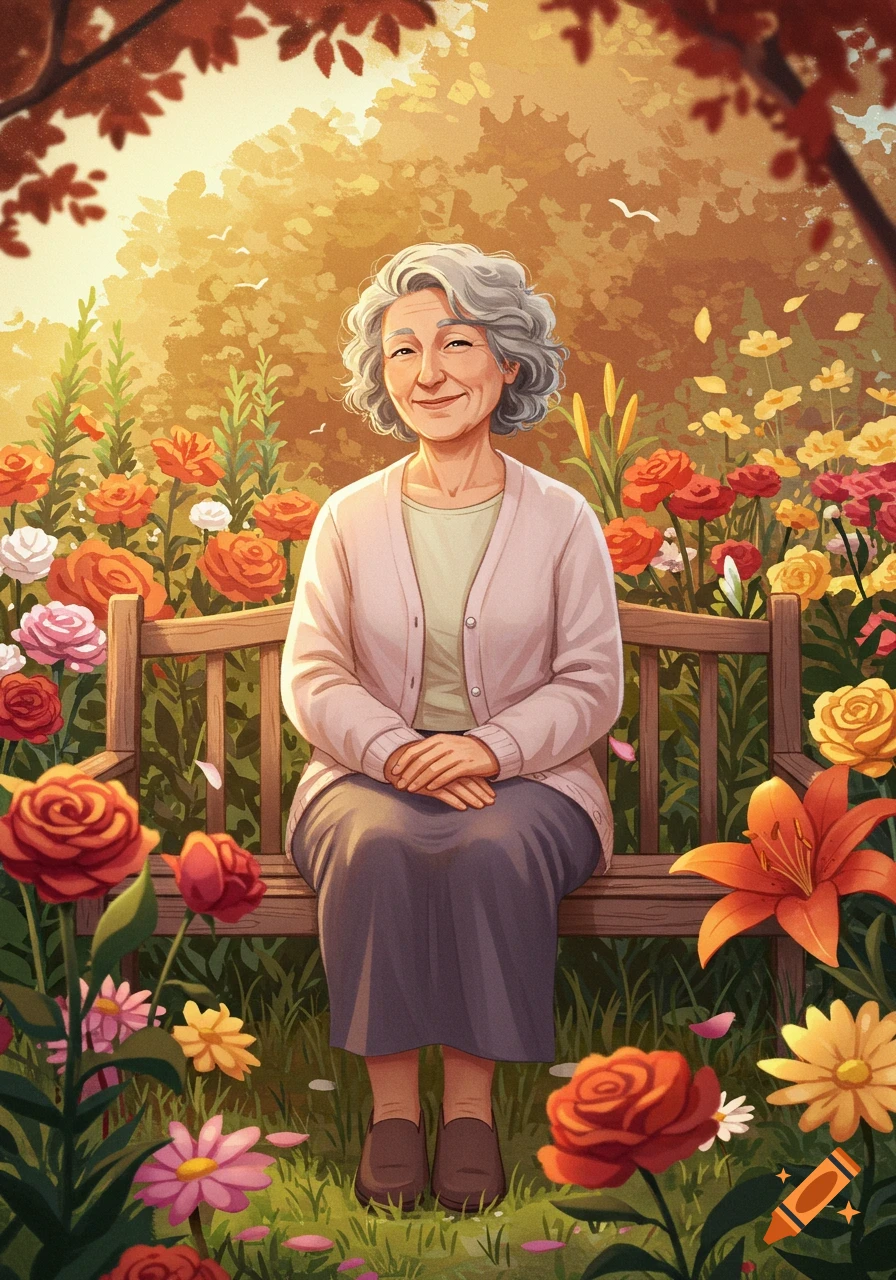 Smiling elderly woman with gray hair sits on a wooden bench in a vibrant, sunny garden filled with colorful flowers. Illustrated style.