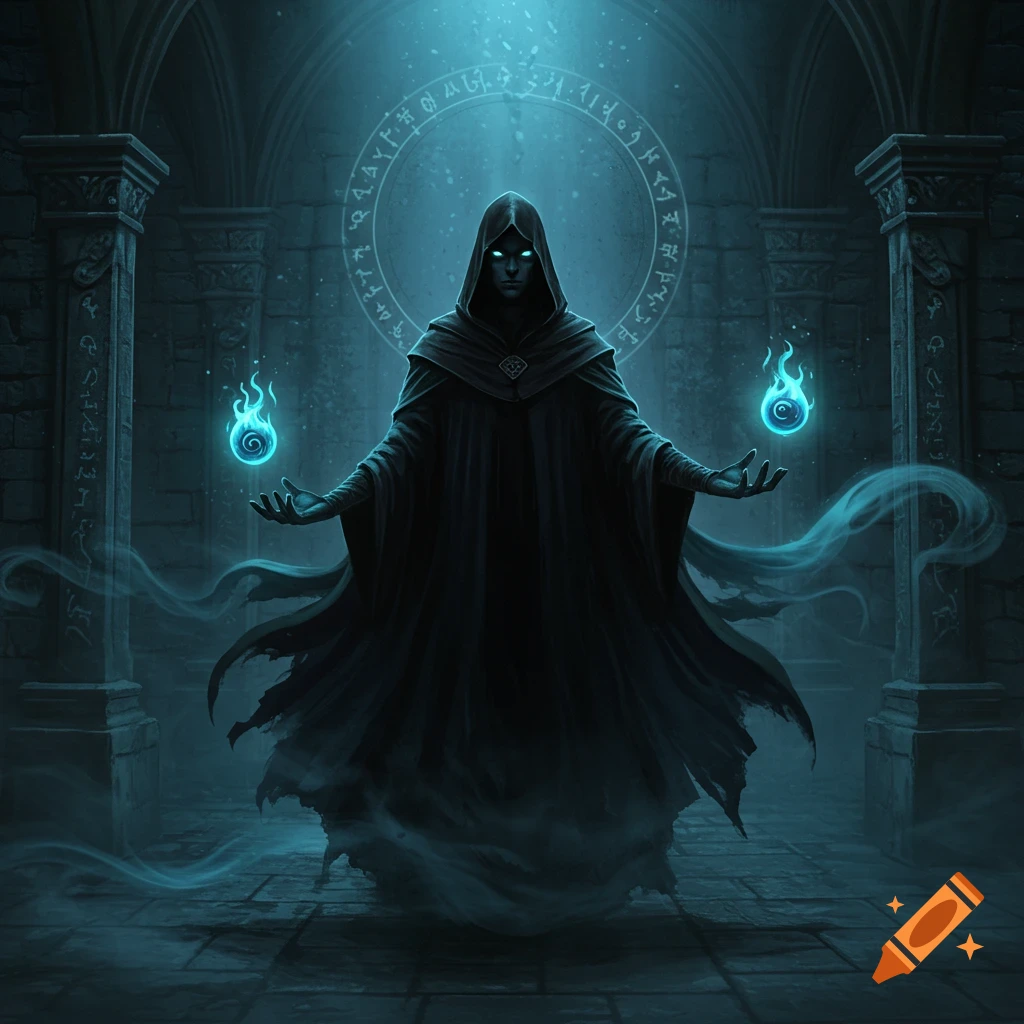 A shadowy robed mage with glowing blue eyes stands in a dark, mystical chamber, conjuring twin blue orbs of fire.