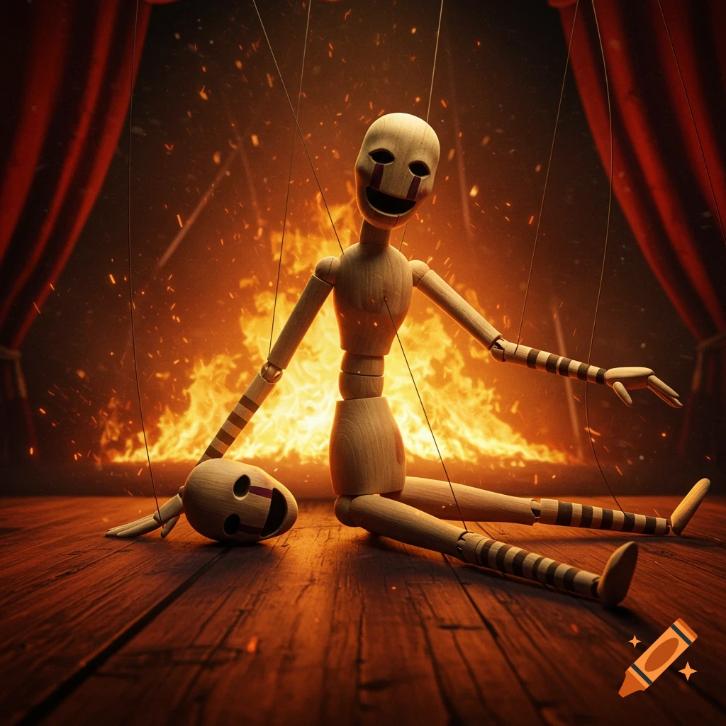 A wooden marionette doll with a detached head sits on a wooden stage floor, backlit by a raging inferno and red curtains.