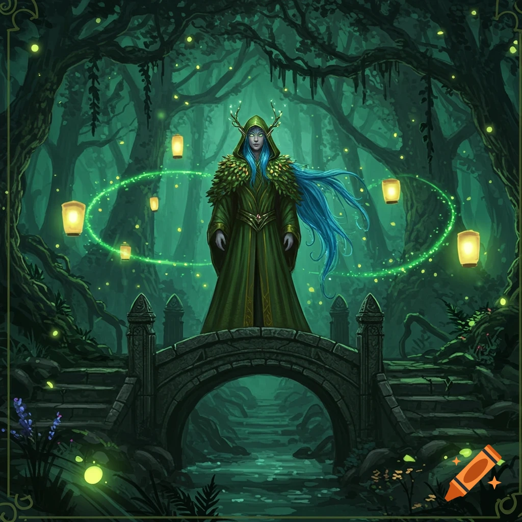 Hooded elf with blue hair and antlers on bridge in dark, enchanted forest with glowing lanterns and green magical light.