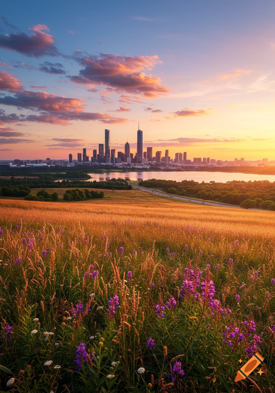 A golden field with purple wildflowers in the foreground, leading to a lake and a city skyline under a vibrant sunset sky.