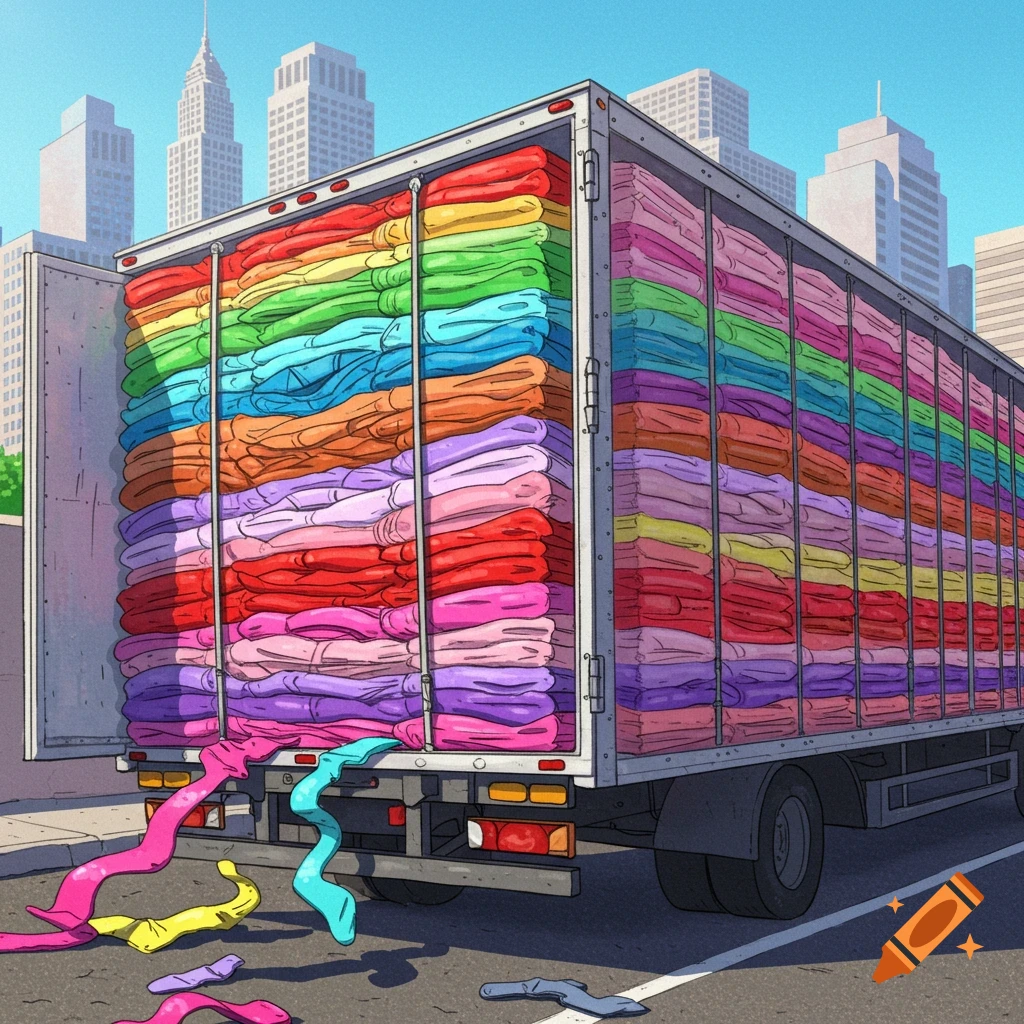 A cartoon truck filled with colorful, folded clothes, some spilling out, parked on a city street with buildings in the background.