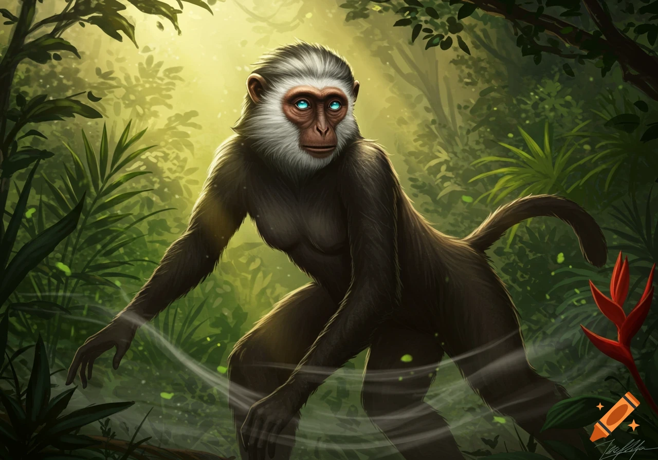 A humanoid monkey-like creature with bright blue eyes stands in a lush jungle, digital art.