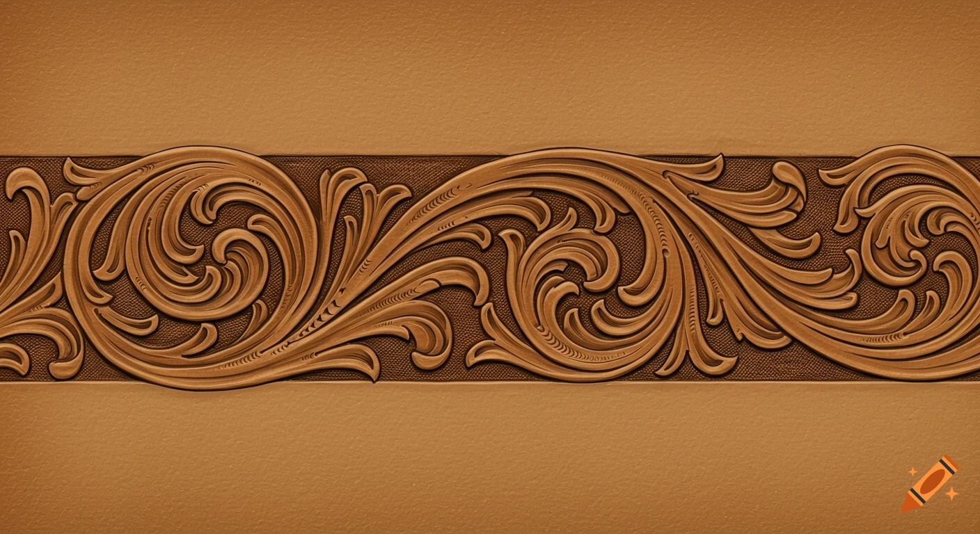 A brown, intricate Sheridan tooling pattern embossed or carved, running horizontally across a tan background.