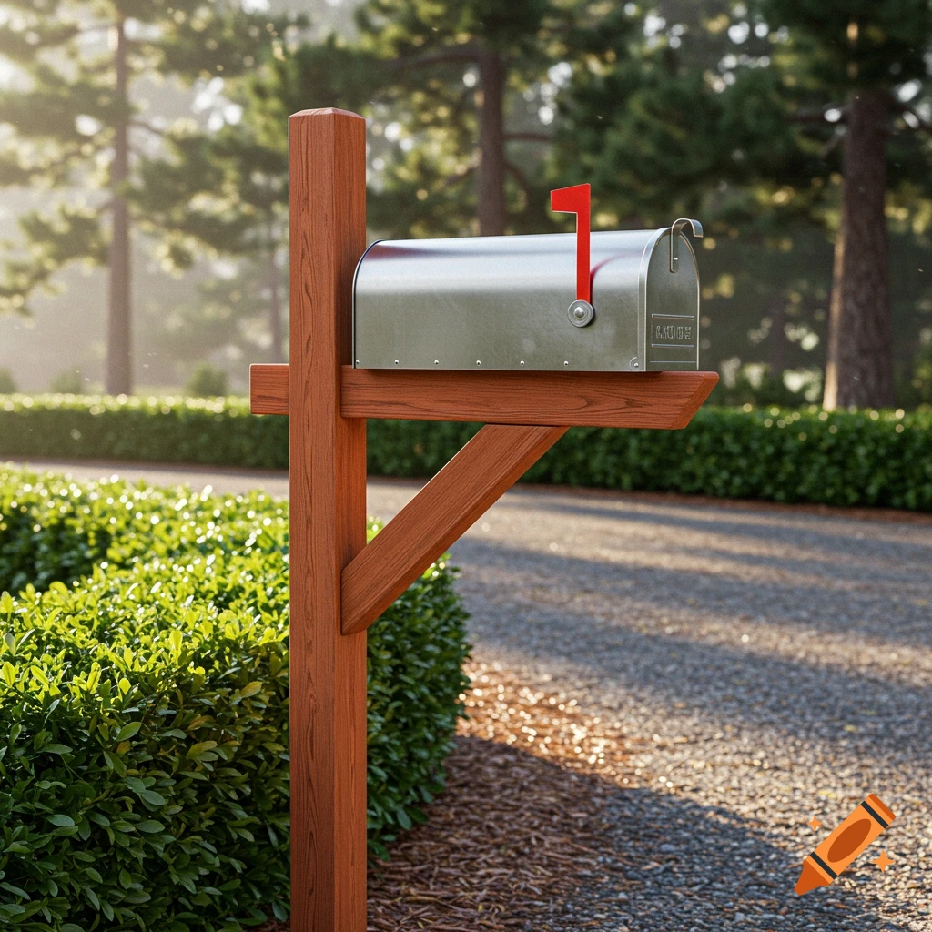 A photorealistic image of a wooden mailbox post with a silver mailbox and red flag, set against a sunny, tree-lined driveway.