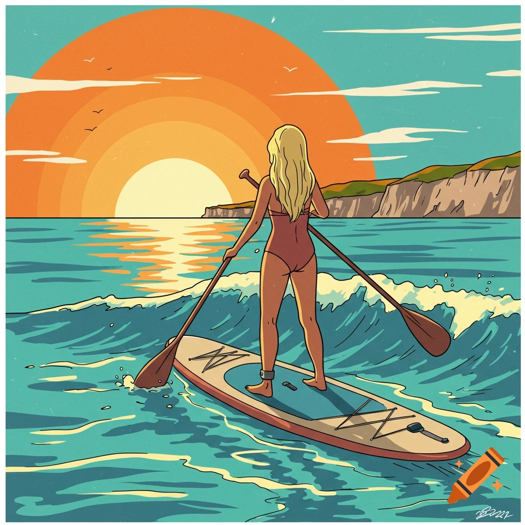 A blonde woman paddleboarding at sunset, ocean waves and cliffs visible in a vibrant drawing style.