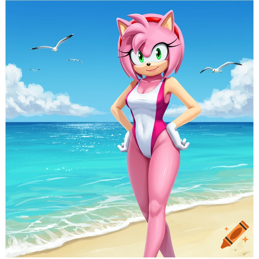 Amy Rose from Sonic the Hedgehog in a pink and white one-piece swimsuit stands on a sandy beach with blue ocean and seagulls under a clear sky, cartoon style.