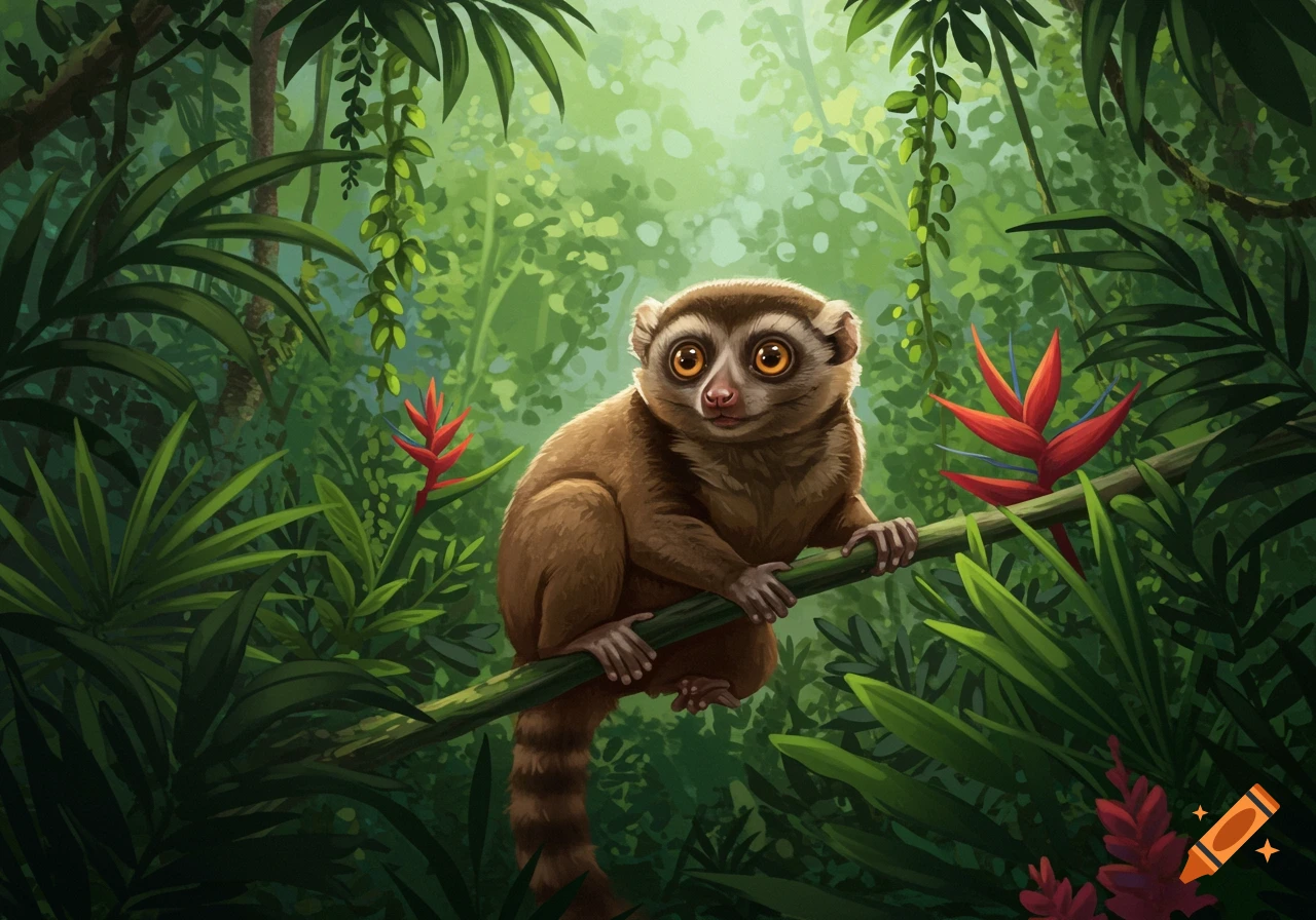 A brown lemur with large orange eyes sits on a tree branch in a vibrant, lush green jungle with red flowers, illustrated.