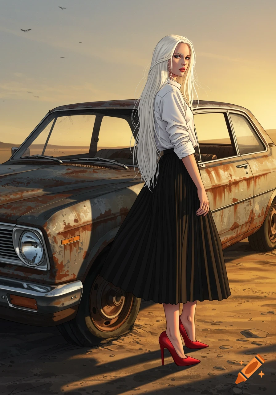 A blonde woman in a white shirt, black pleated skirt, and red heels stands by a rusty car in a desert landscape at sunset.