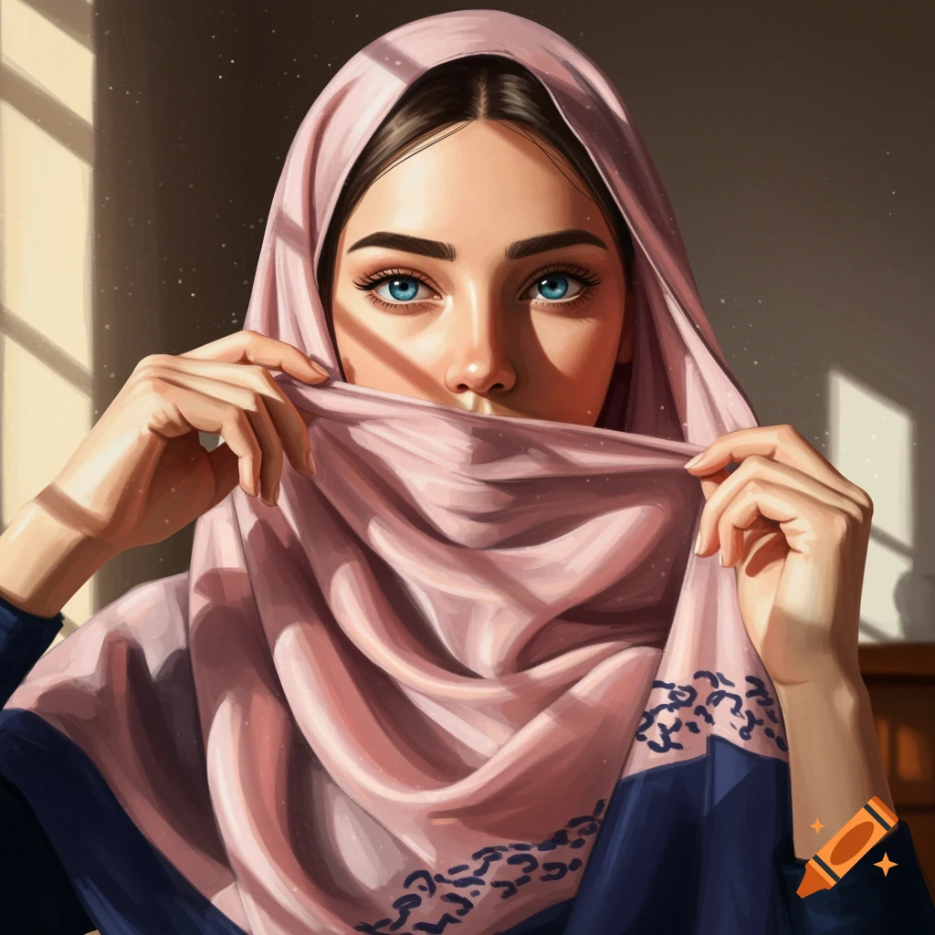 Digital painting of a blue-eyed woman in a pink hijab, holding the fabric over her lower face, with sunlight streaks.