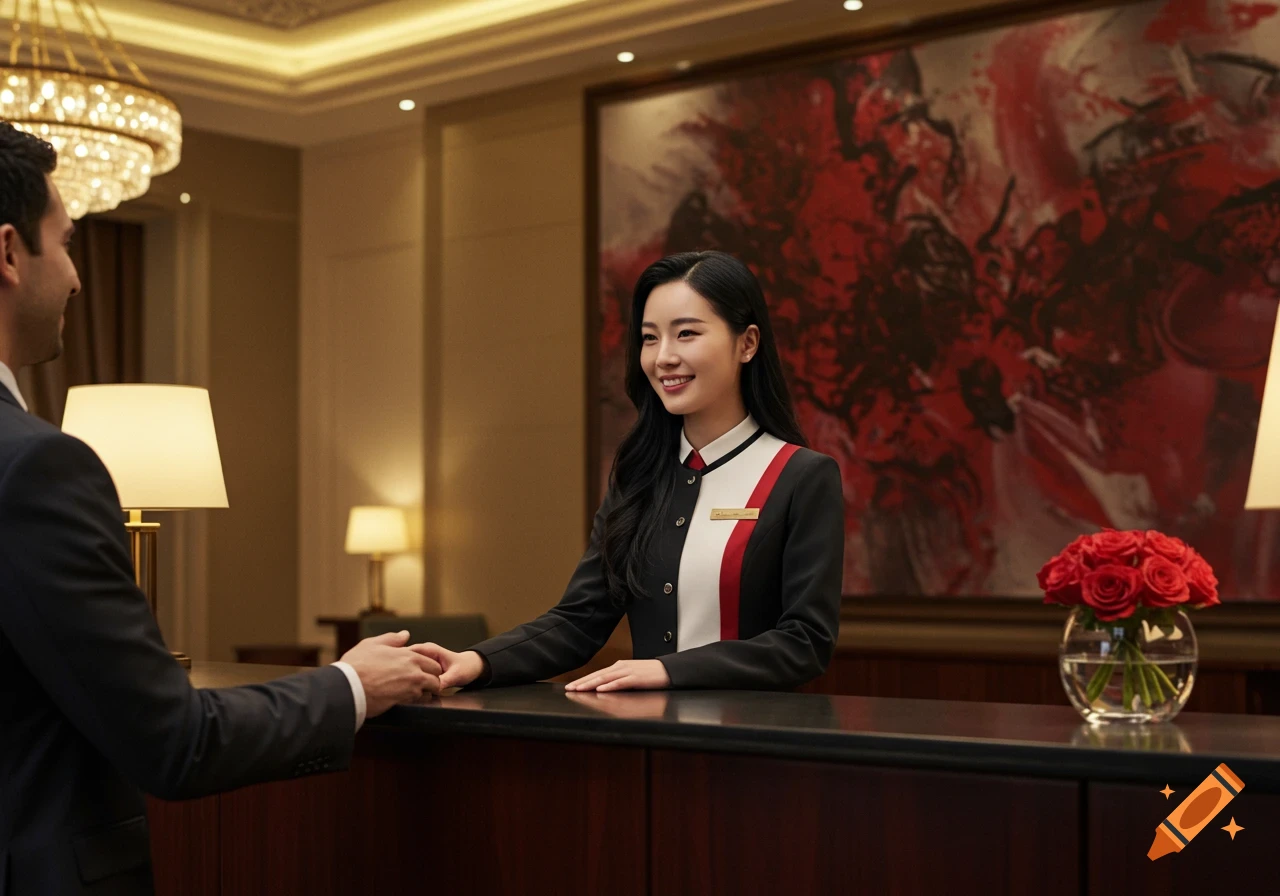 A smiling woman in a hotel uniform checks in a male guest at a reception desk in a luxurious hotel lobby, photorealistic style.