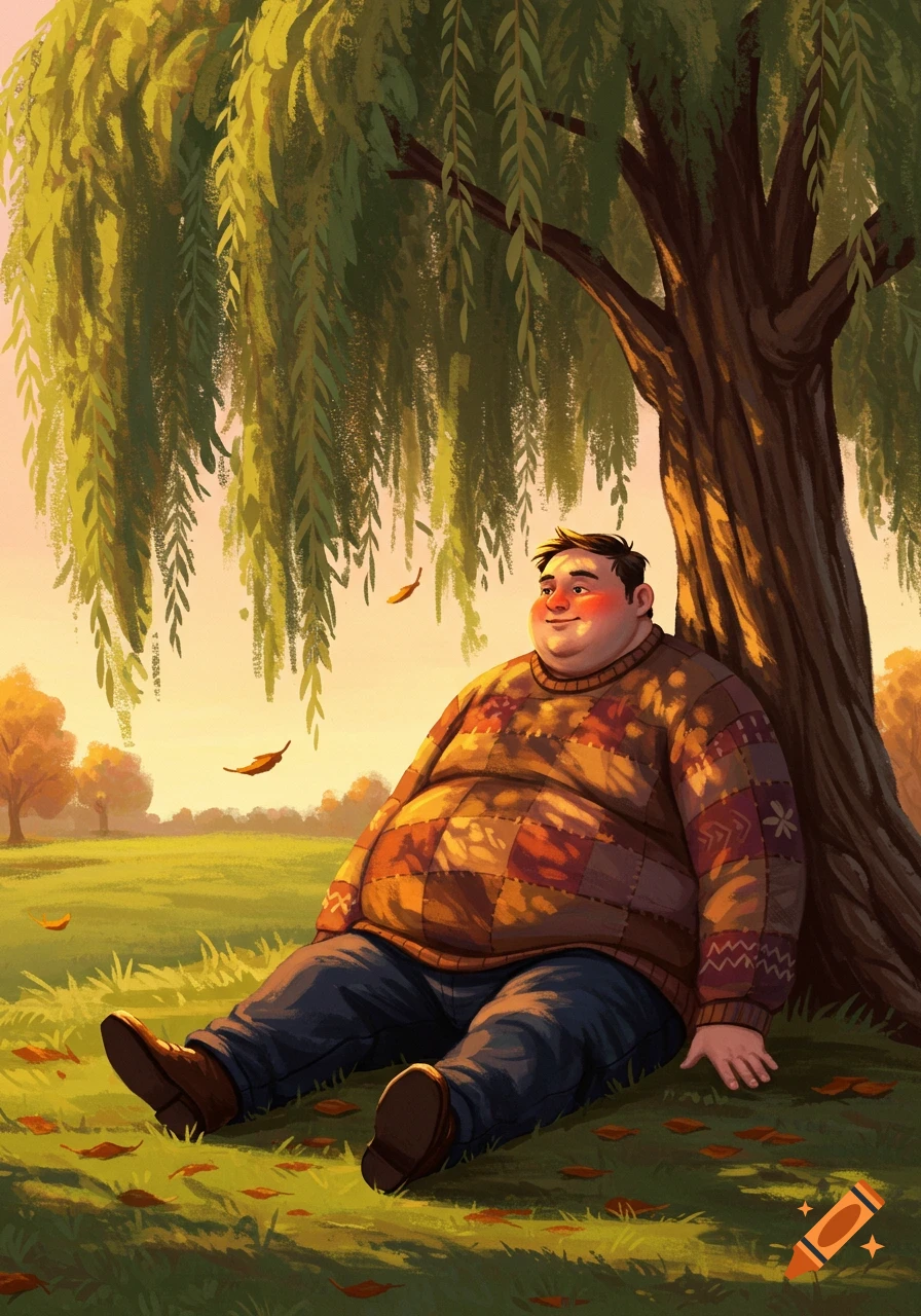 An illustration of a plump man relaxing under a weeping willow tree in a field during autumn, with leaves scattered around.