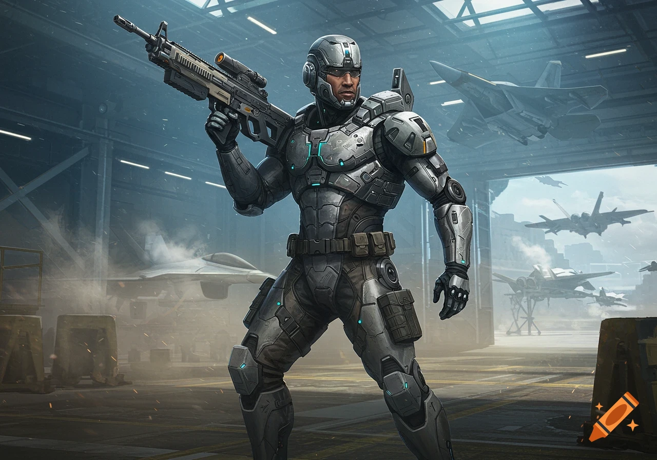 A futuristic soldier in gray power armor holds a rifle inside a large hangar with fighter jets.