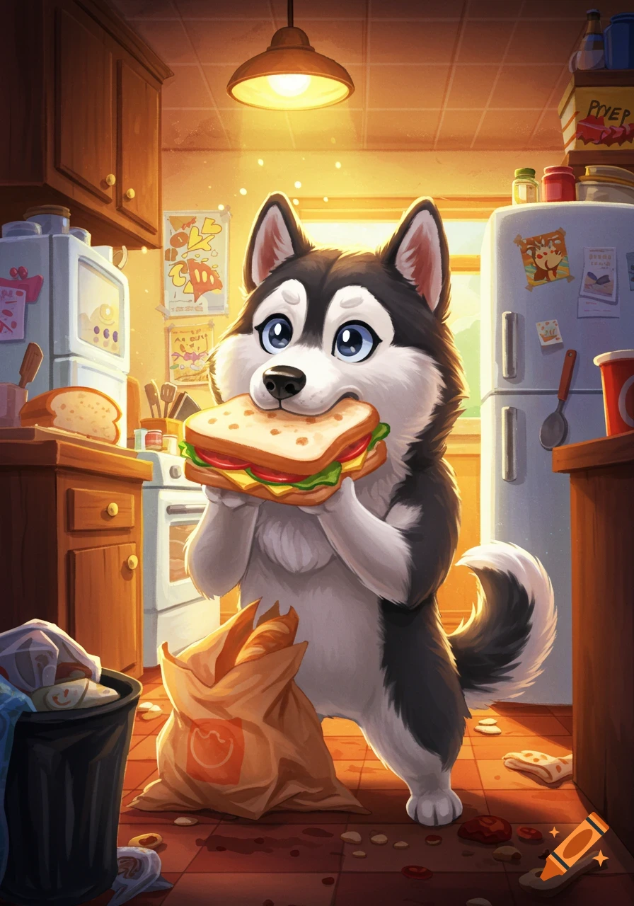 A cute cartoon husky dog holding a large sandwich in a messy kitchen, illuminated by warm light.