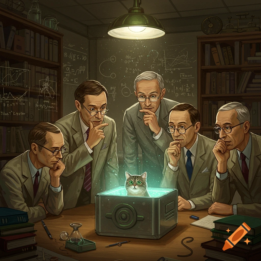 Five men in suits and glasses intently observe a glowing box containing a cat on a table in a dimly lit study.