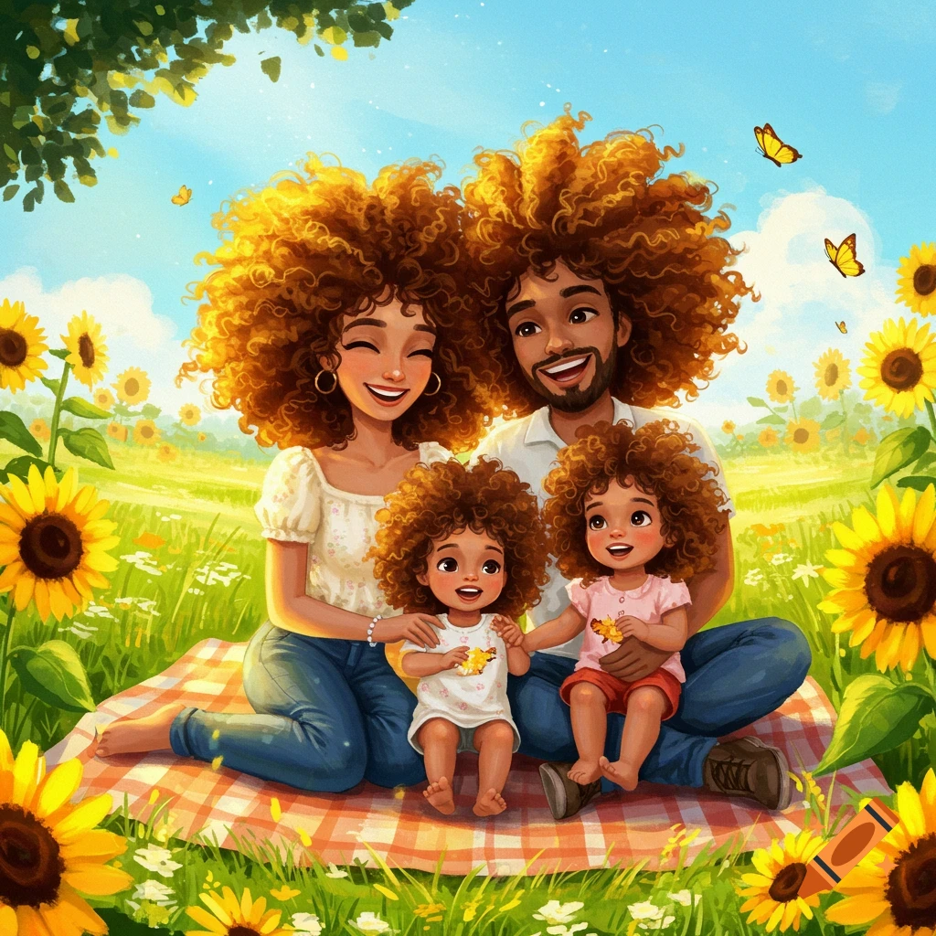 An illustration of a happy family with curly hair, including parents and two young children, picnicking in a field of bright yellow sunflowers under a blue sky.