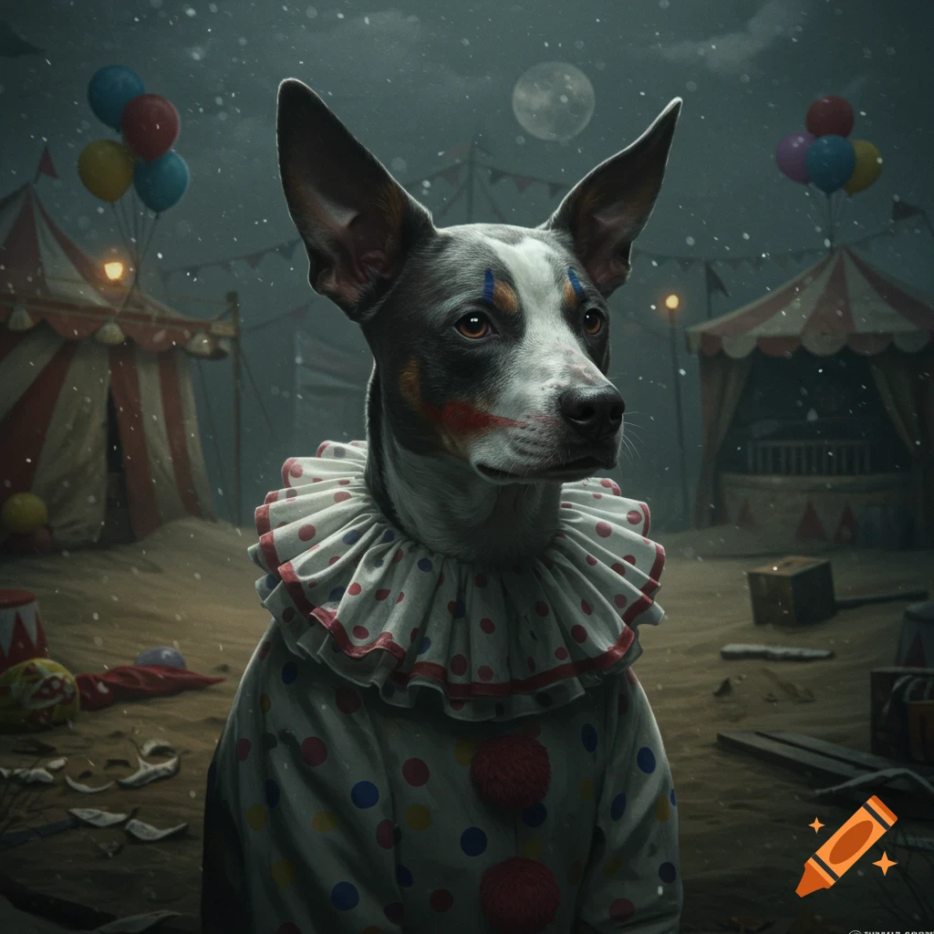 A dog in a clown suit with face paint stands in a dark, snowy circus ground under a full moon, with tents and balloons.