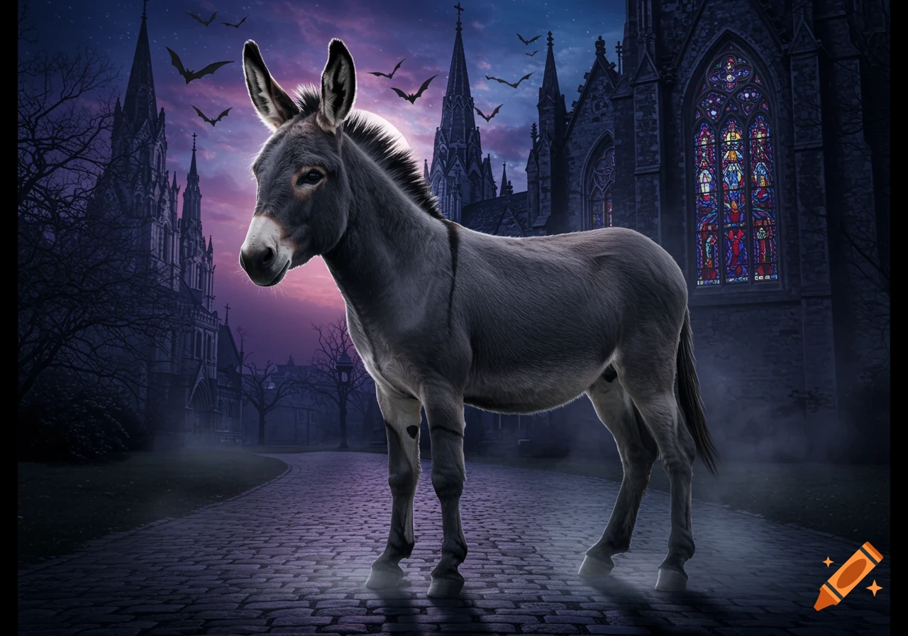 A grey donkey stands on a cobblestone path in front of a dark, gothic cathedral with bats flying under a purple sky. Photorealistic style.