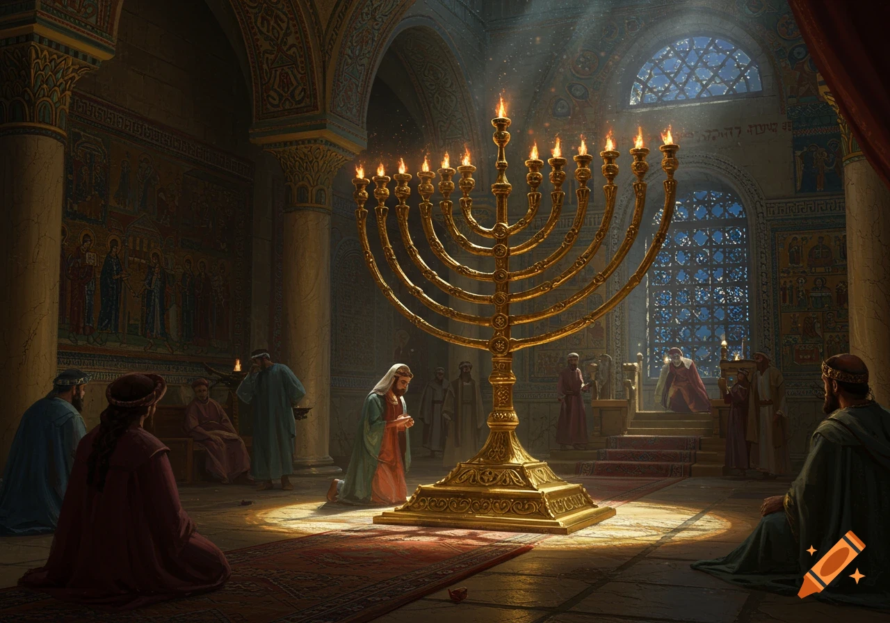 A golden menorah with lit candles stands in the center of a grand Byzantine-style temple or synagogue, with people gathered, some kneeling, bathed in divine light.