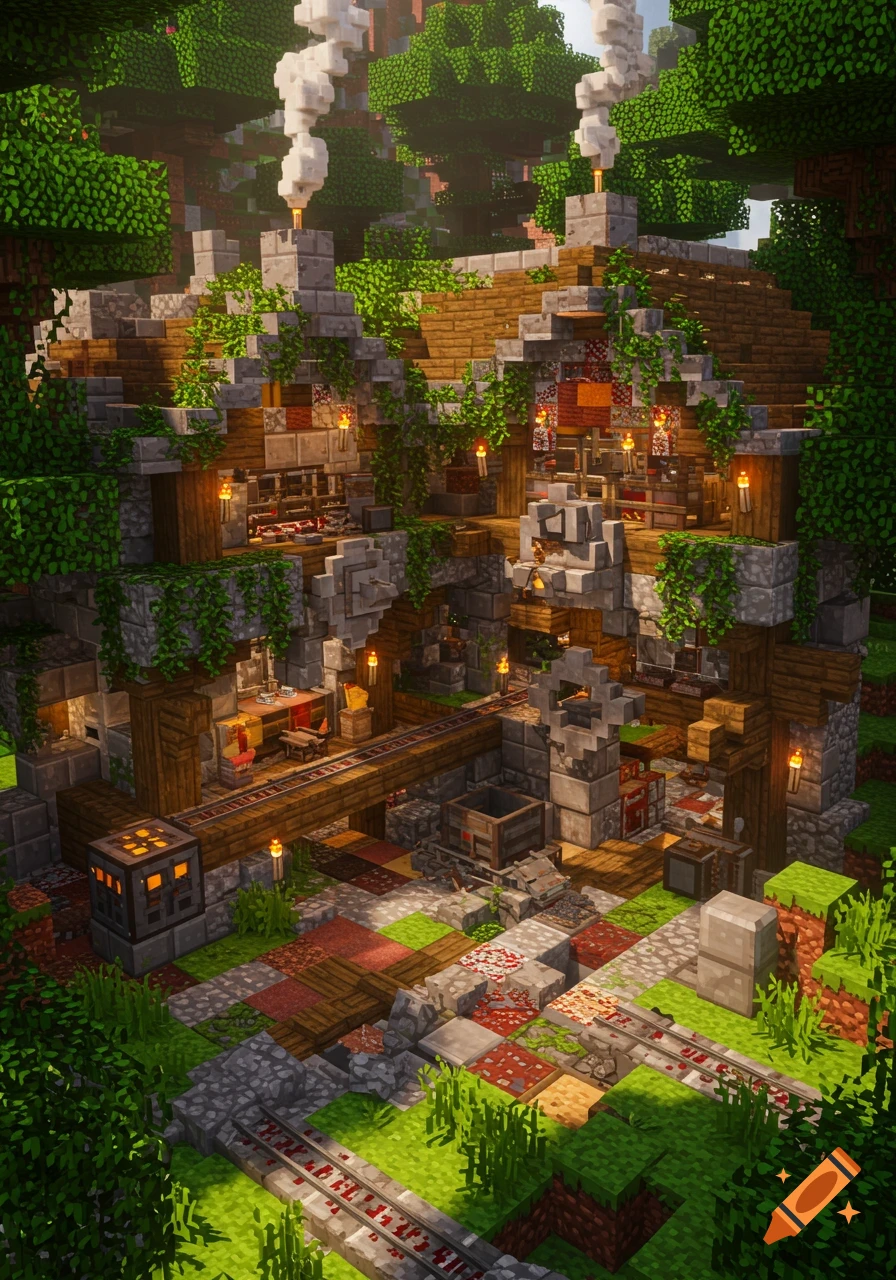 A detailed, rustic Minecraft base with stone and wood structures, minecart tracks, torches, and smoking chimneys, surrounded by green trees.
