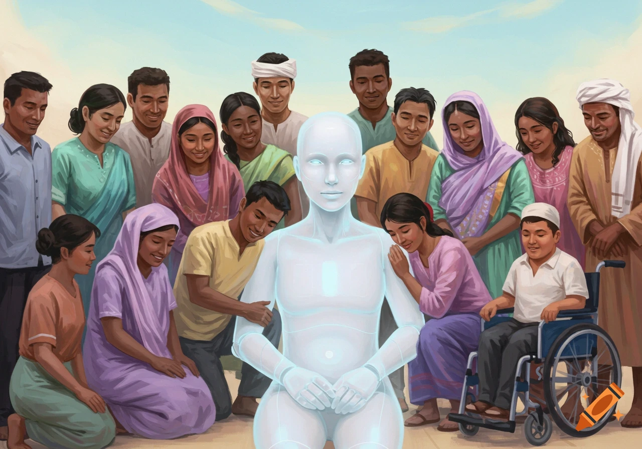 An illustration of a diverse group of people, including one in a wheelchair, gathered around and looking at a glowing, translucent AI humanoid.