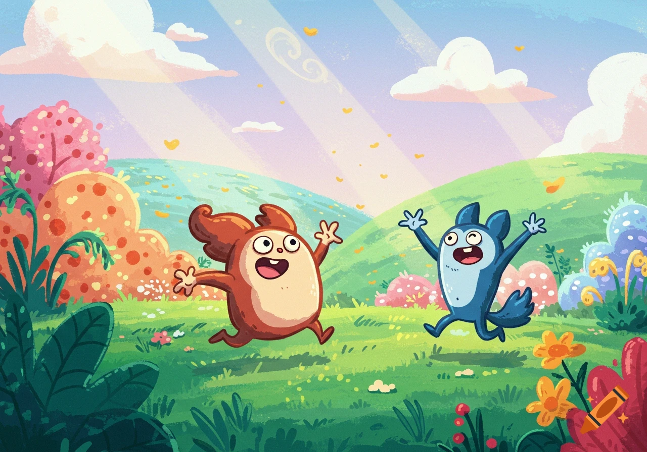 Two happy cartoon creatures run through a vibrant, whimsical fantasy landscape under sunny skies.