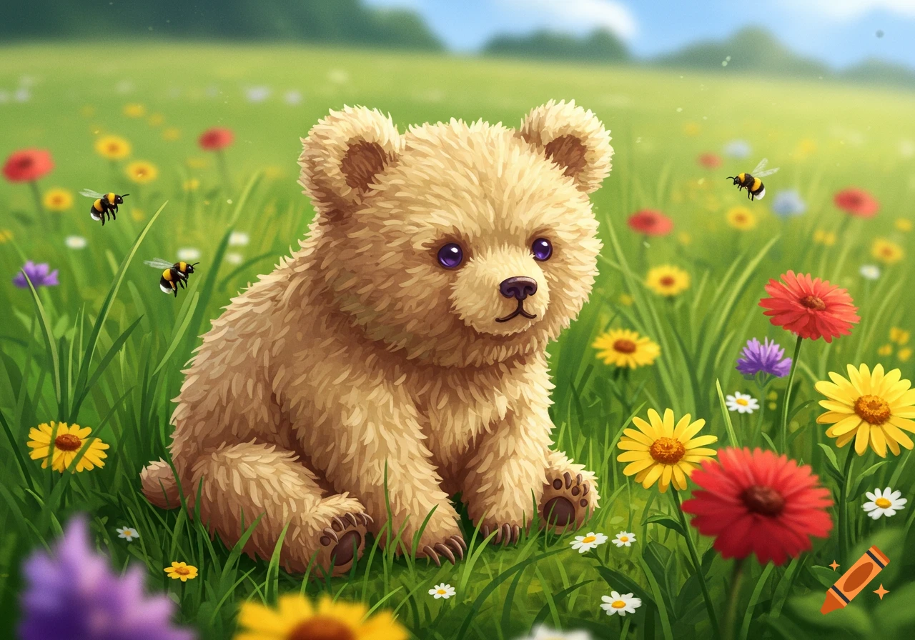A cute fluffy bear cub sits in a vibrant green meadow filled with colorful flowers and buzzing bees in a digital illustration.