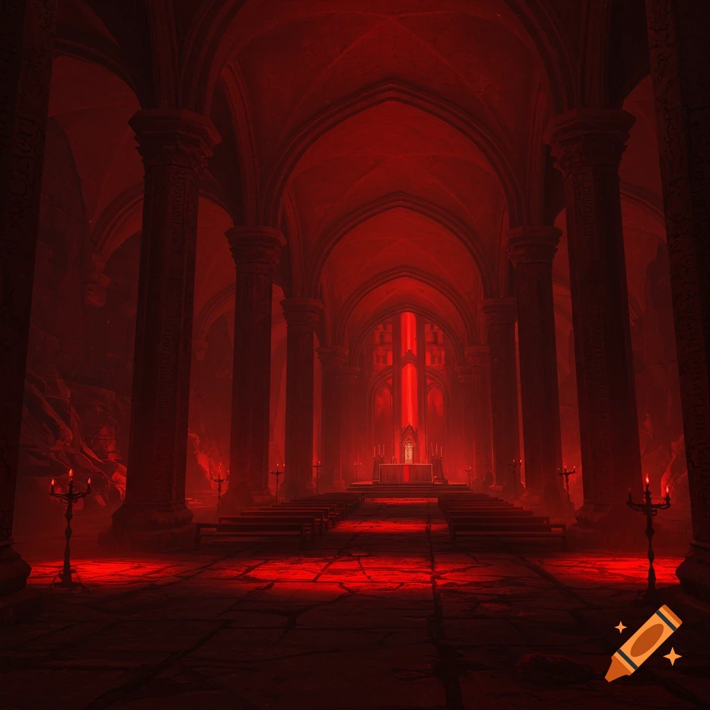 A vast underground gothic cathedral interior bathed in red light, with tall pillars and an illuminated altar.