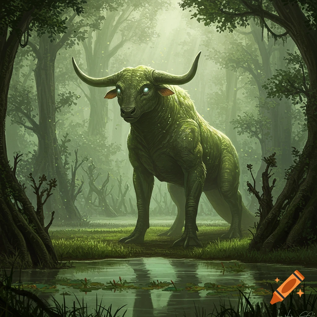 A large, green, moss-covered bull-like creature with glowing eyes stands in a misty, enchanted swamp forest.