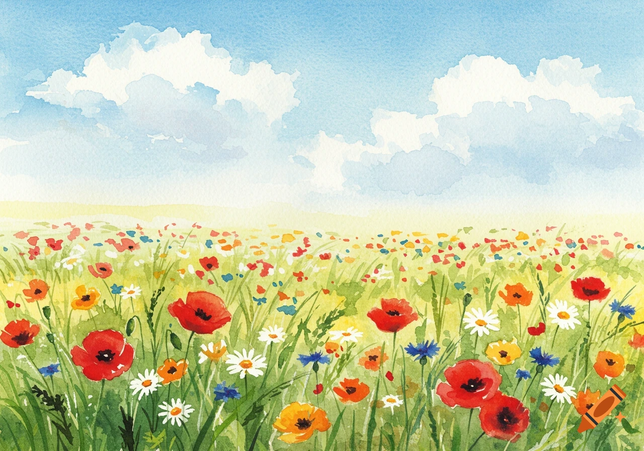 Watercolor painting of a vibrant wildflower field under a blue sky with fluffy clouds.