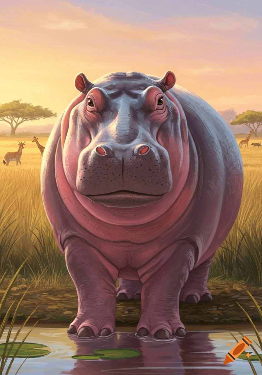 An illustrated hippo stands in shallow water at sunset in the African savanna, with giraffes and antelopes in the background.