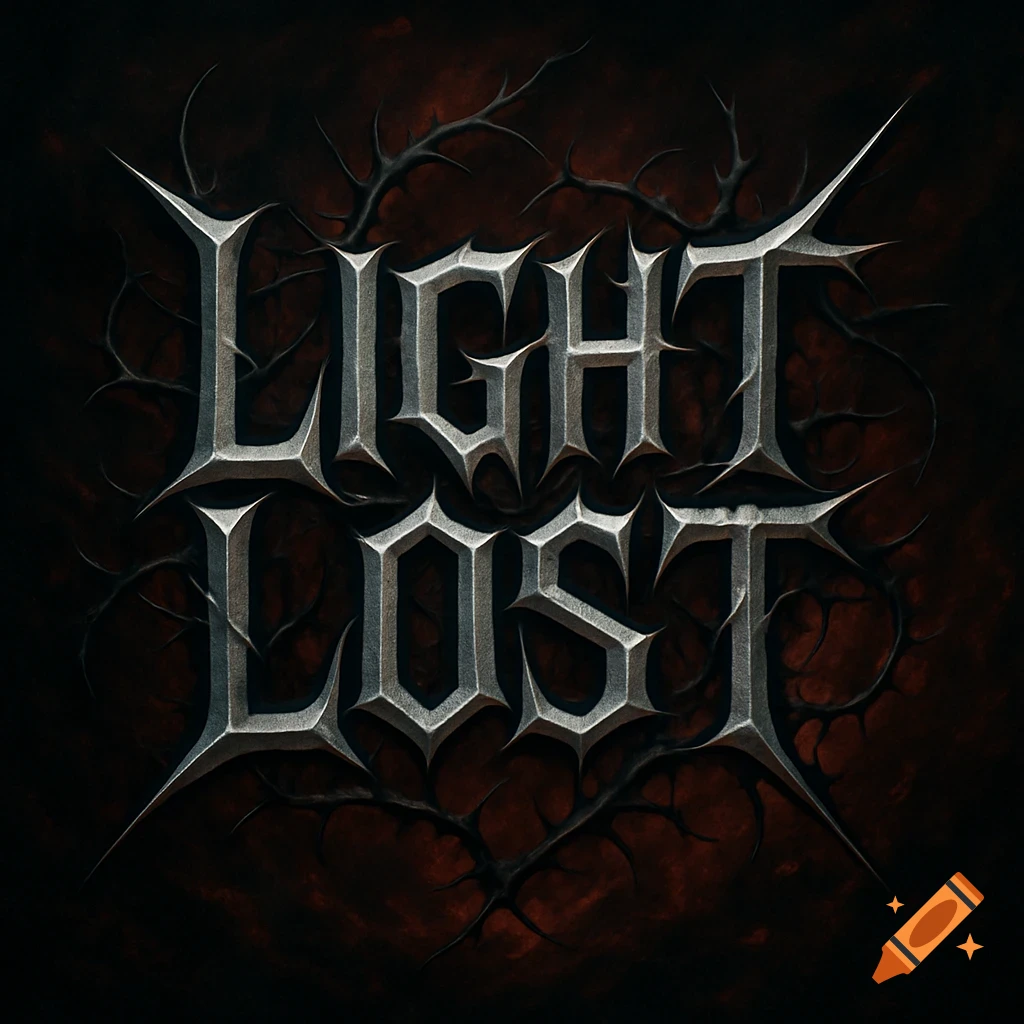 Metallic, spiky 'LIGHT LOST' text in a heavy metal band logo style against a dark, thorny background.