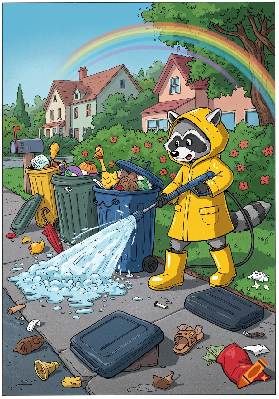 A cartoon raccoon in a yellow raincoat pressure washes overflowing trash cans on a suburban street under a rainbow.